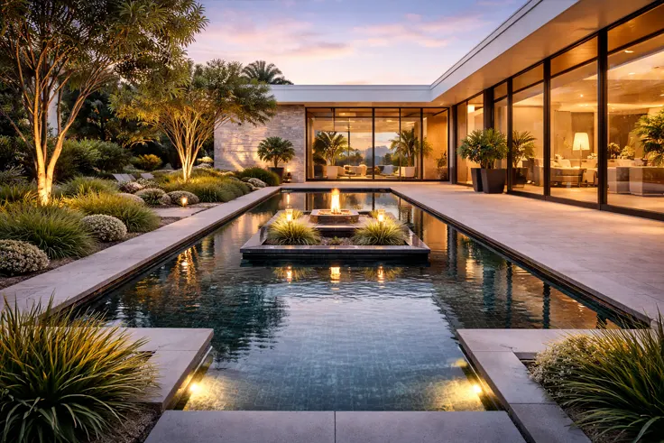 Modern reflecting pool design villa entrance Muscat