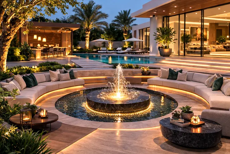 Sunken lounge with water feature modern villa