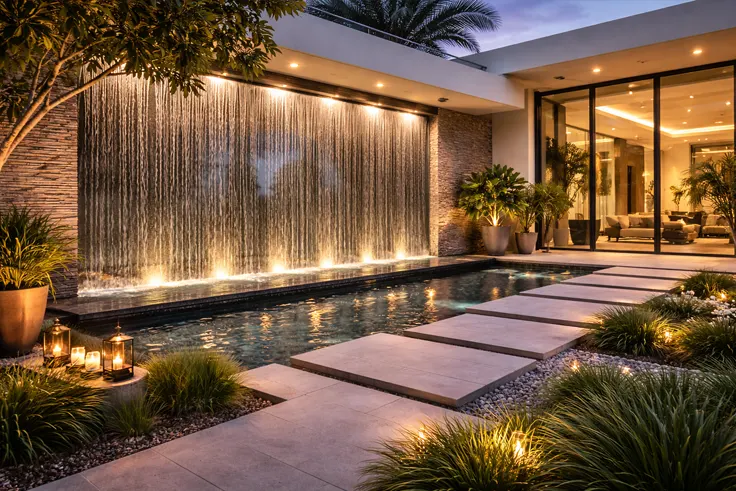 Decorative water curtain wall villa design Muscat