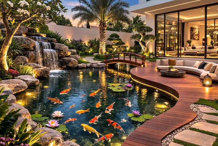Luxury koi pond landscaping Muscat villa