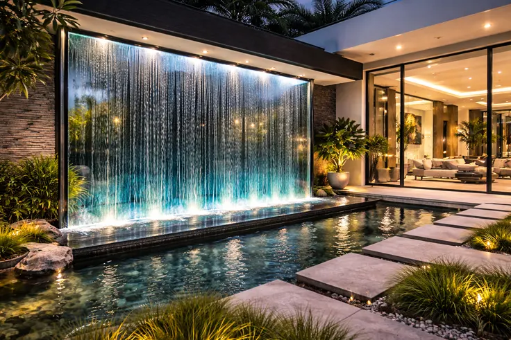 Glass wall water feature modern villa Muscat