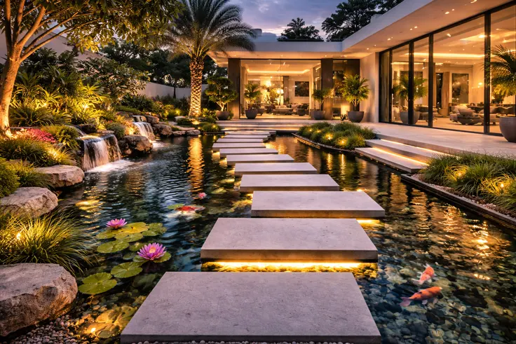 Floating stepping stones water pathway luxury villa